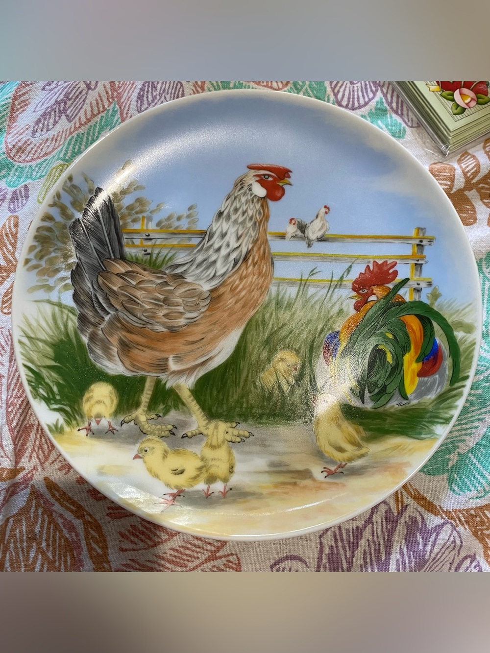 Vintage Rooster & Chicken 7.5 in Plate. Made in Japan. 5 Yellow Chicks on Bottom